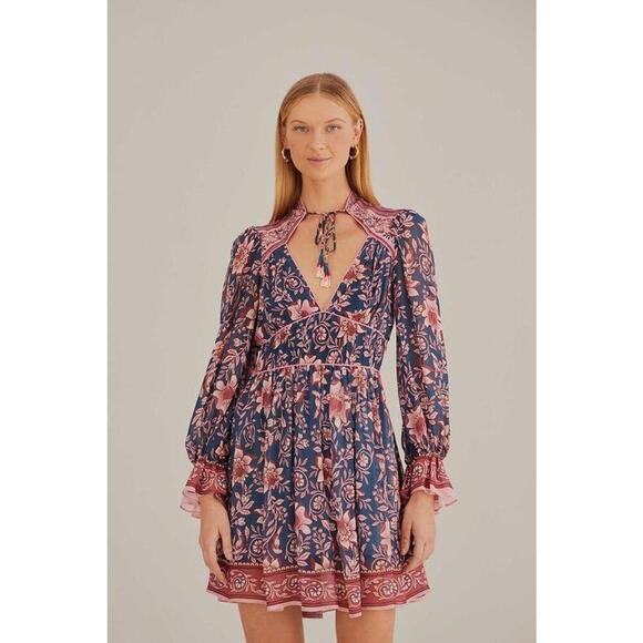 FARM Rio Dresses & Skirts - Farm Rio Teal Ainika Charm Long Sleeve Beaded Tassels Mini Dress Size M